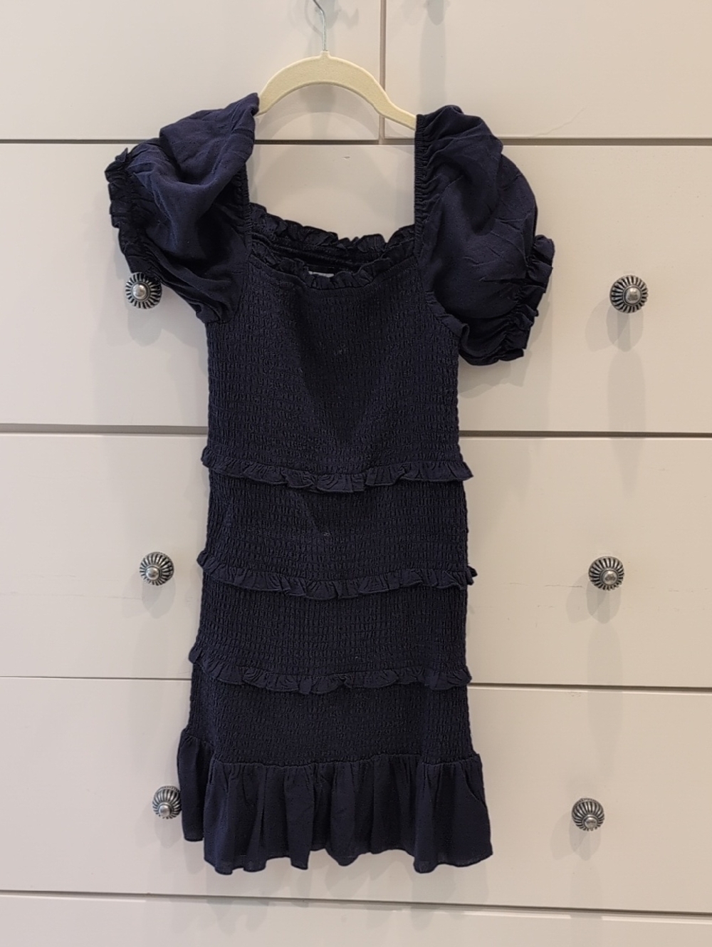 Katie J NYC Navy Smocked Puff-Sleeve Ruffle Dress